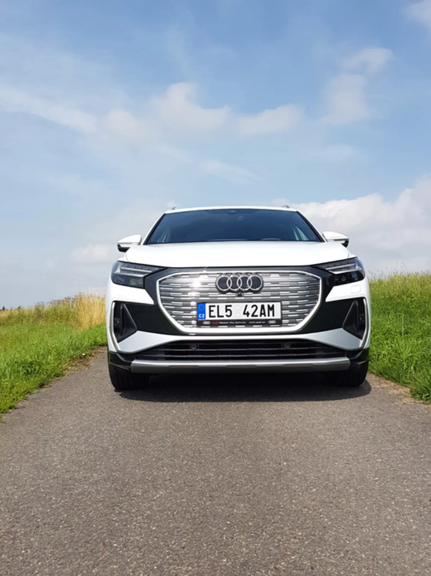 Vista frontal centrada del Audi Q4 e-tron 2021 mostrando una gran parrilla hexagonal con emblema de Audi, faros LED, placa de matrícula europea, posibles sensores del sistema de asistencia al conductor, entradas de aire, pintura metálica y detalles en cromo bajo un cielo parcialmente nublado en una carretera de asfalto con lados herbosos.