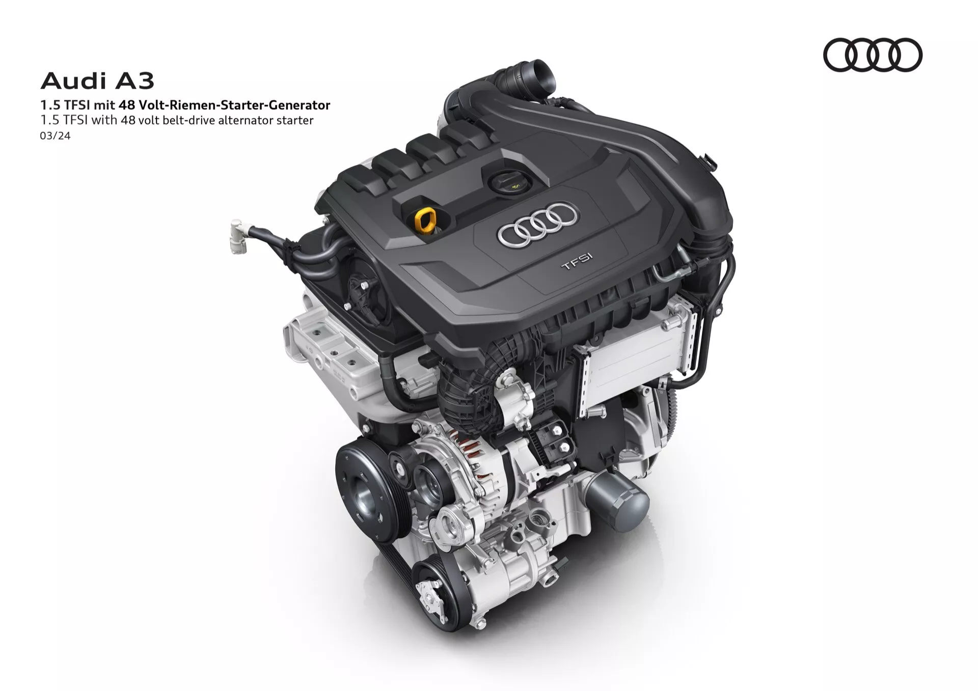 Foto de alta resolución que muestra los detalles intrincados del motor del Audi A3 2024 (8Y-facelift), destacando su ingeniería y diseño de vanguardia