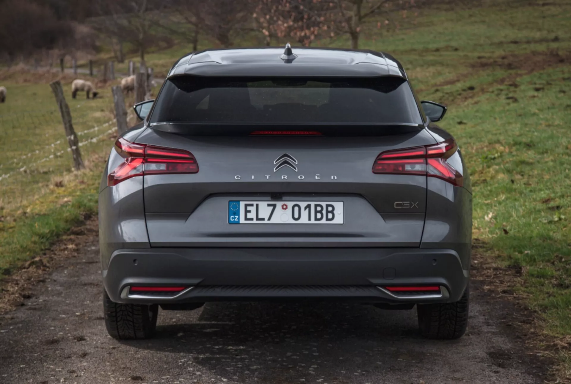 Vista trasera del Citroën C5X 2022 en un camino de grava con fondo natural, mostrando luces traseras LED, control de distancia de aparcamiento, doble escape y detalles exteriores adicionales.