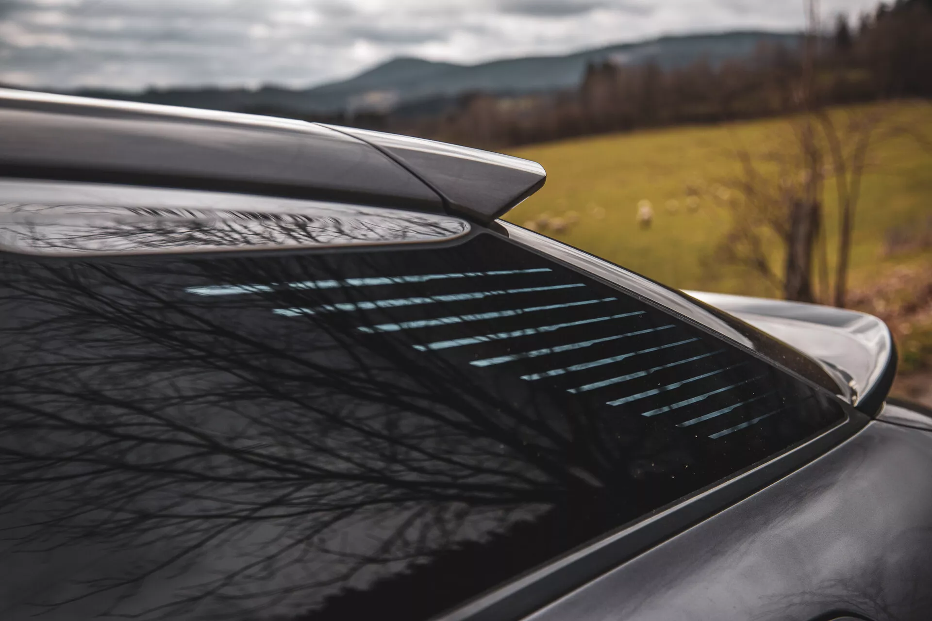 Vista lateral cercana de la sección trasera del Citroen C5-X 2022 con alerón aerodinámico integrado y ventana trasera con desempañador contra un fondo natural desenfocado, sugiriendo características de rendimiento y seguridad del vehículo en un entorno posiblemente rural
