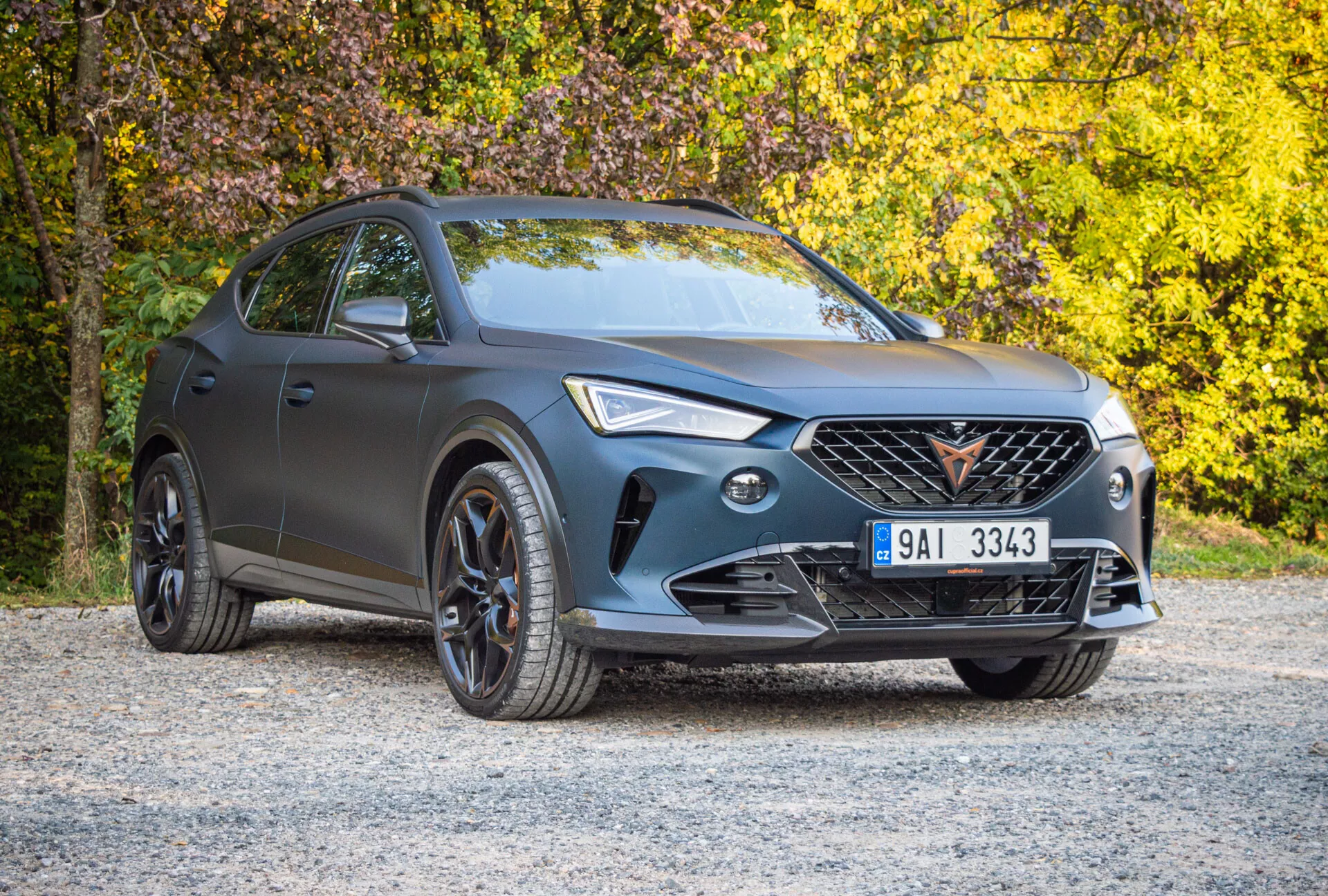 Cupra Formentor de 2020 aparcado en una superficie de grava con follaje otoñal en el fondo, mostrando su exterior gris mate, rejilla distintiva, faros LED y ribetes deportivos negros