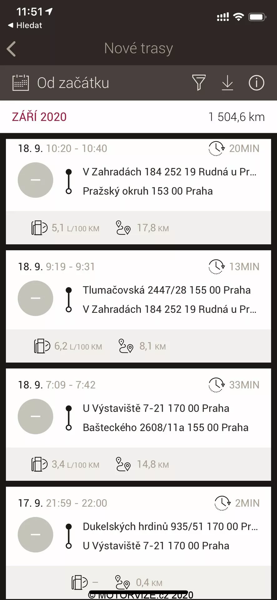 Interfaz de smartphone mostrando un registro de viajes y pantalla de aplicación de navegación con rutas, fechas, horarios y distancias en checo. Iconos de autobús, caminata y tranvía destacan los modos de transporte sugeridos dentro de Praga.