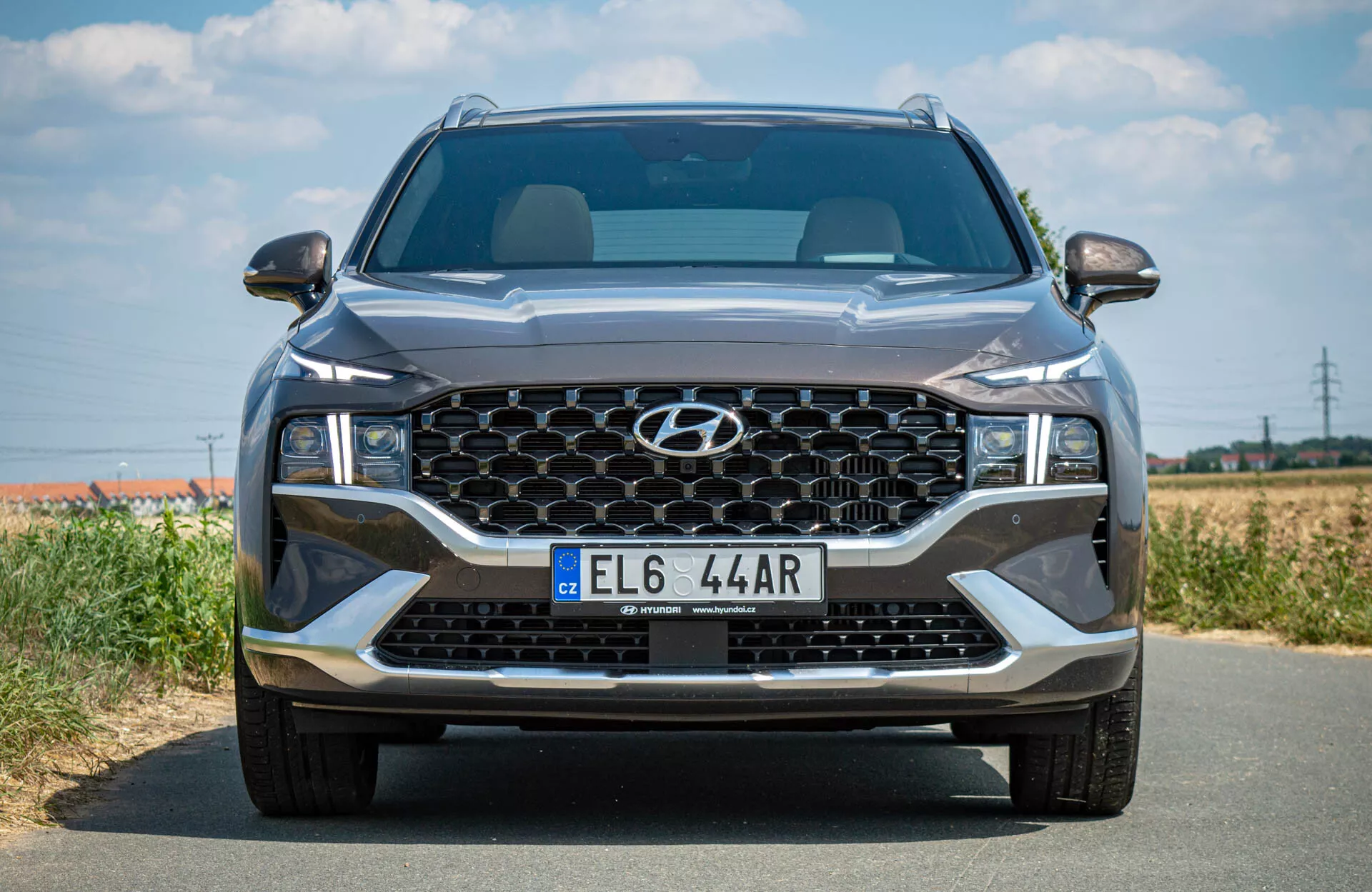 Vista frontal de un Hyundai Santa-Fe 2020 SUV en una carretera de asfalto, mostrando su gran parrilla hexagonal con patrón de panal, faros LED elegantes, emblema centrado en la parte superior de la parrilla, luces diurnas LED debajo de los faros principales y placa de matrícula de estilo europeo en la parte inferior de la parrilla. El fondo es un paisaje rural o semi-rural borroso con un cielo despejado, indicando buenas condiciones climáticas.