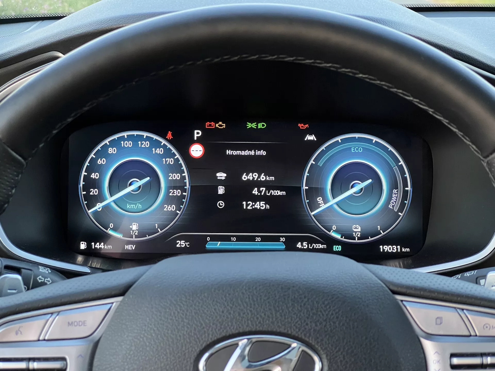 Imagen del interior del Hyundai Santa Fe 2020 desde la perspectiva del conductor, centrada en el cuadro de instrumentos. La imagen muestra un volante con botones multifunción para control de crucero, medios y configuraciones del vehículo; el botón 'MODE' es visible a la izquierda. Detrás del volante hay un tablero digital con un velocímetro graduado de 0 a 260 km/h y un indicador de potencia en modo ECO, lo que sugiere un tren motriz híbrido. La pantalla también incluye un indicador de combustible, el icono del freno de estacionamiento, alerta de puerta abierta, advertencias de mantenimiento y luces. El odómetro muestra 19,031 kilómetros con contadores de viaje e íconos informativos varios en la parte inferior.