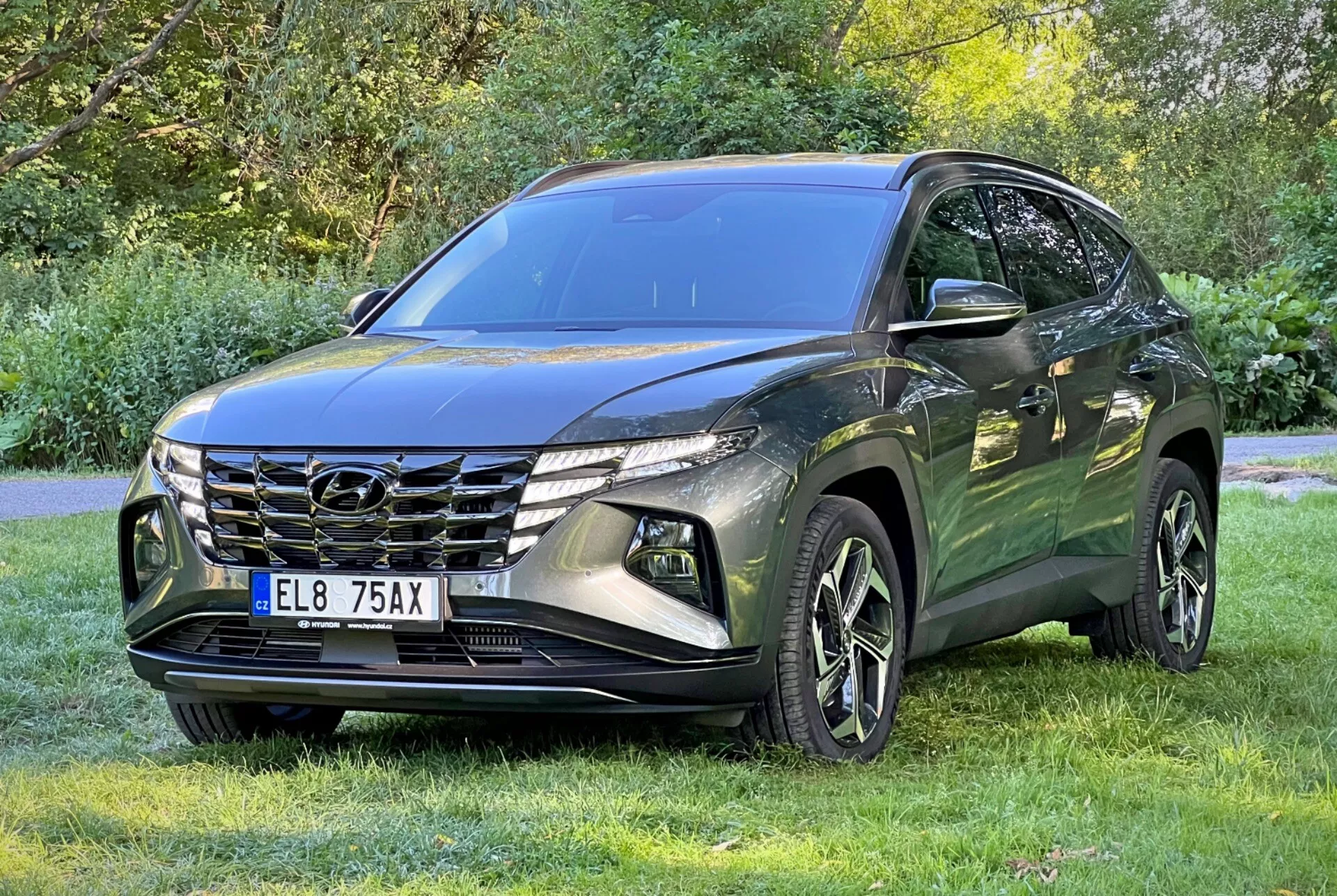 SUV Hyundai Tucson 2020 estacionado en césped con árboles al fondo mostrando la parrilla frontal, faros LED y ruedas de aleación