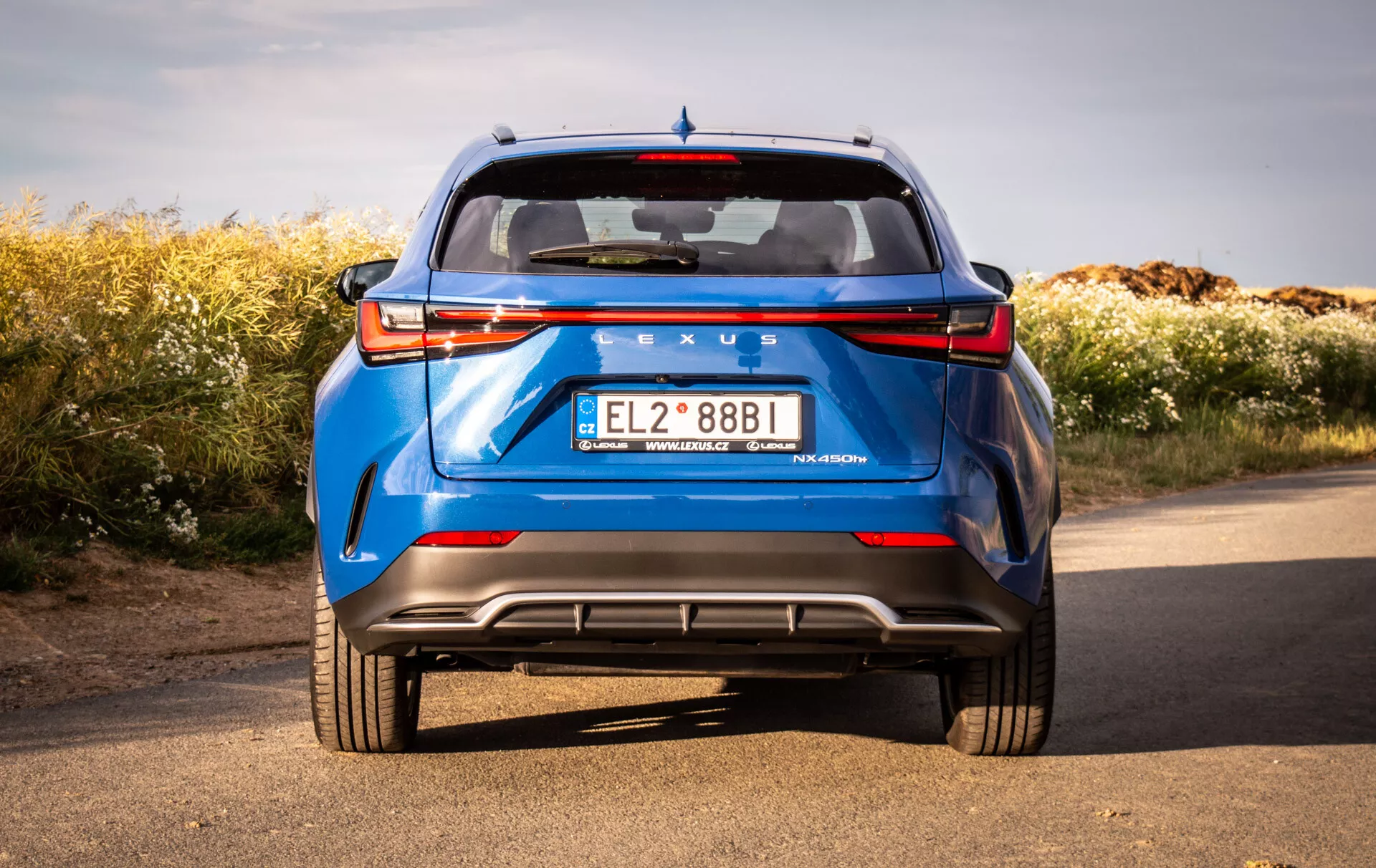 Vista trasera de un Lexus NX azul del 2021 desde un ángulo bajo, enfatizando la sólida construcción y características de diseño del coche como las luces traseras LED, parabrisas trasero, alerón, distintivo claro, parachoques trasero con difusor, sensores de estacionamiento, reflectores y doble escape, contra un fondo natural bajo un cielo despejado.