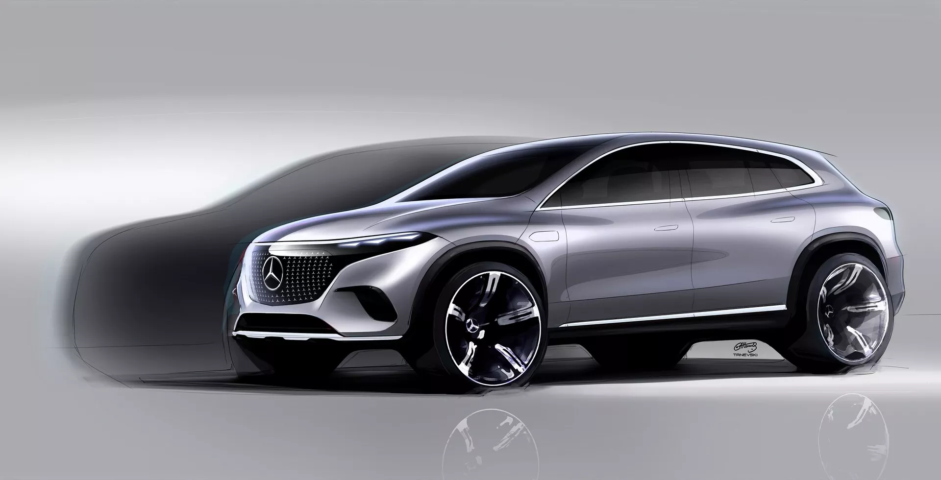 Mercedes EQS-SUV 2022 presentado en un estudio desde una perspectiva frontal de tres cuartos. Destacan la parrilla grande y prominente, los faros LED elegantes, los sensores que indican características autónomas, el perfil aerodinámico con línea de techo inclinada, el acabado metálico de la pintura y las grandes llantas de aleación. La imagen pretende mostrar el lujo, el diseño moderno y el potencial de rendimiento del vehículo.