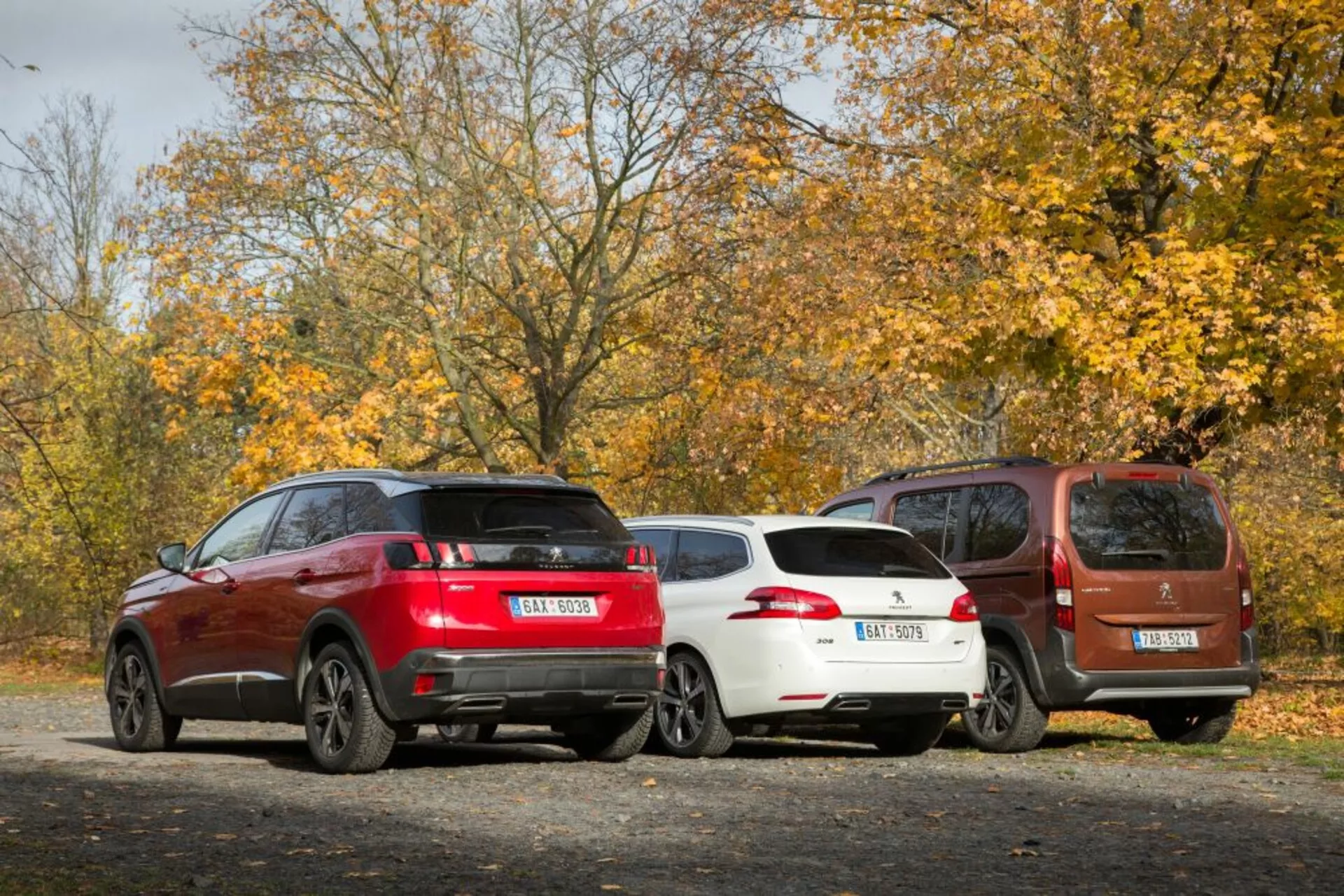 Vista desde atrás de tres coches aparcados sobre una superficie de grava con ambiente otoñal, incluyendo un SUV deportivo rojo, un hatchback blanco elegante y un MPV compacto marrón, todos equipados con características modernas como llantas de aleación y sensores de estacionamiento trasero, bajo luz natural del día.