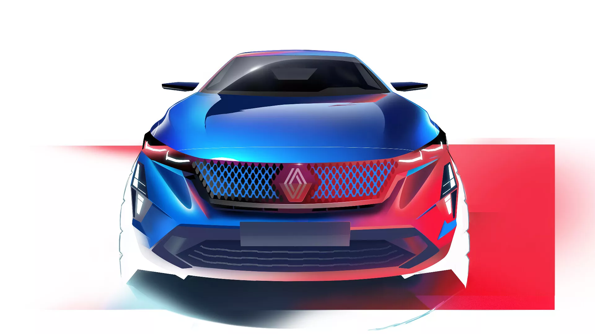 Vista frontal y lateral del Renault Rafale 2024 que muestra el diseño deportivo del sedán, la parrilla frontal distintiva con emblema, faros LED afilados y parachoques delantero orientado al rendimiento contra un fondo abstracto rojo y blanco