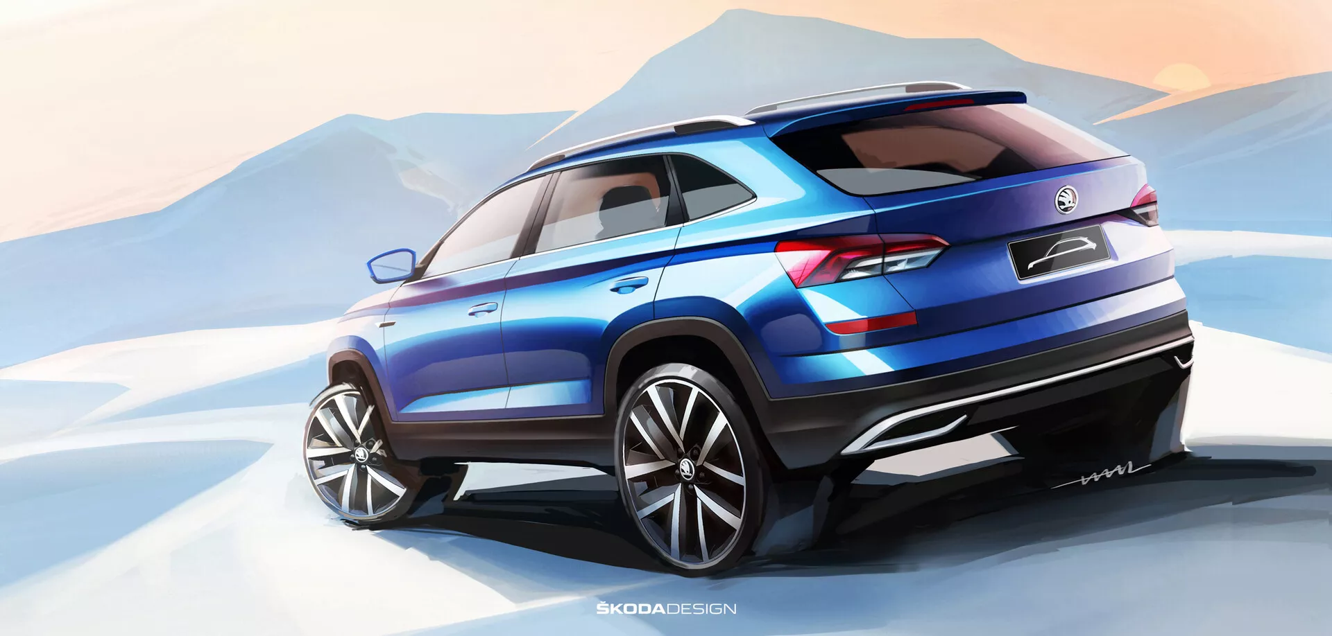 Representación conceptual del Skoda Kamiq 2019 mostrando un moderno SUV crossover en azul vibrante, con una vista dinámica de tres cuartos traseros que presenta elegantes luces traseras LED, grandes ruedas de aleación y elementos de diseño deportivo contra un fondo montañoso abstracto