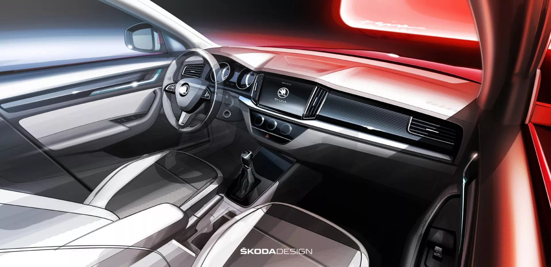 Vista interior de un Skoda Kamiq 2019 centrada en el tablero y el espacio de la cabina frontal desde la perspectiva del pasajero, presentando un volante moderno con controles integrados, un tablero adornado con una franja metálica con rejillas de ventilación, una pantalla táctil central de infoentretenimiento, y atisbos de un elegante selector de cambios automático y consola central