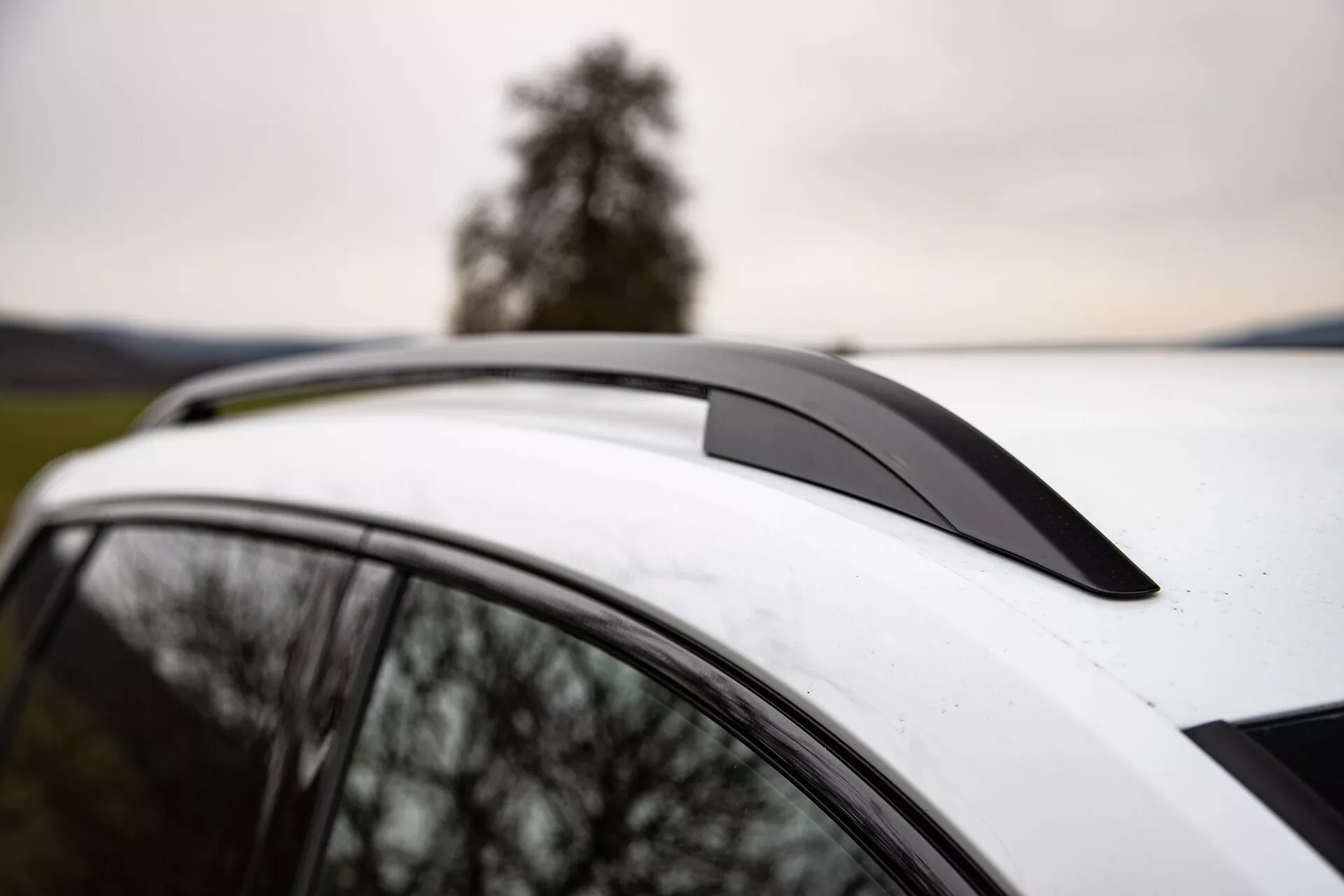 Vista cercana de un Skoda Karoq 2021 mostrando el alerón de techo, techo blanco con techo solar panorámico e integrados rieles de techo contra un fondo de un árbol y cielos nublados, enfatizando el diseño aerodinámico del vehículo, características de lujo y capacidades de utilidad.