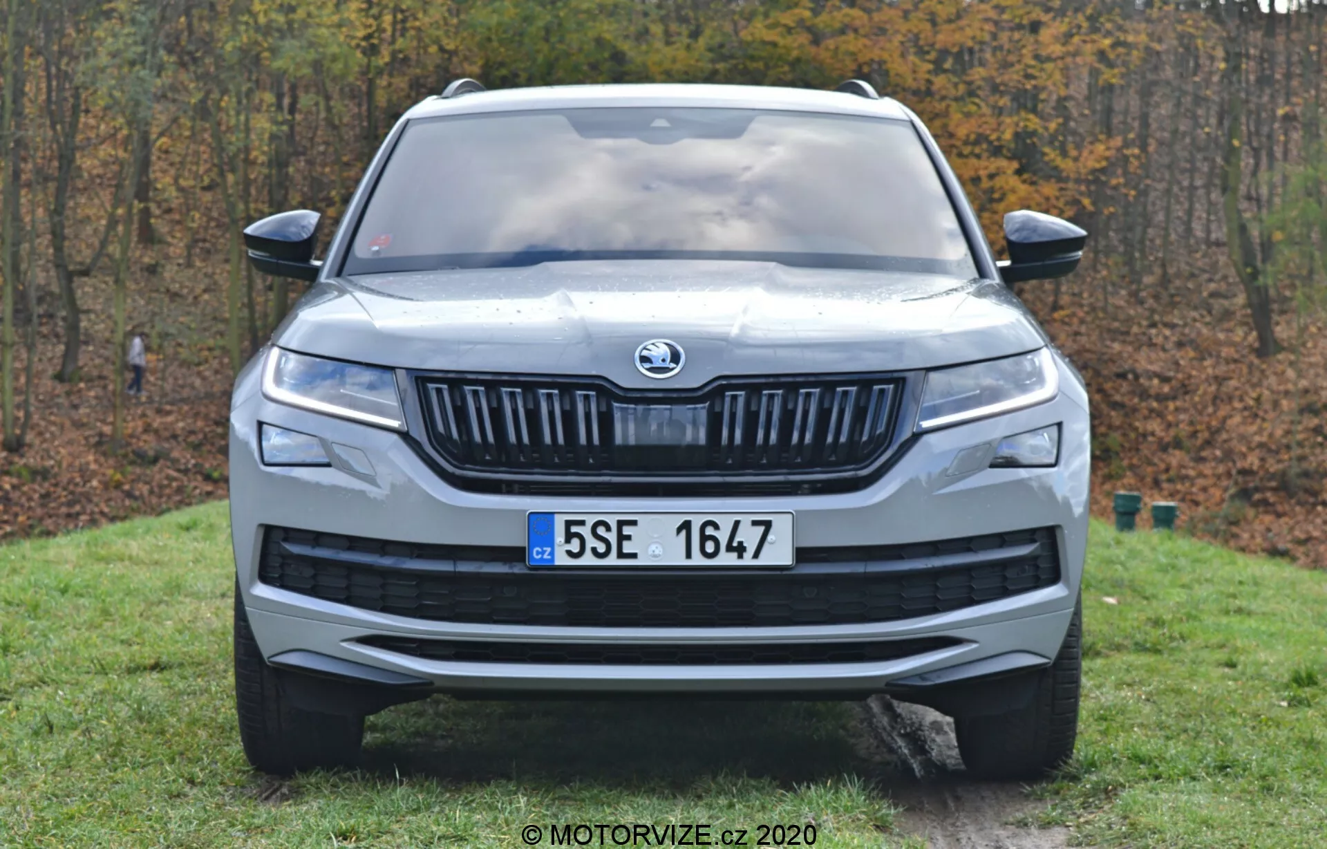 Vista frontal del Škoda Kodiaq 2017 ubicado en un área de césped con árboles al fondo, destacando su emblema prominente, parrilla con lamas horizontales, luces delanteras estrechas, placa de matrícula centralmente montada, capó contorneado y diseño aerodinámico del parachoques, capturado bajo luz natural.