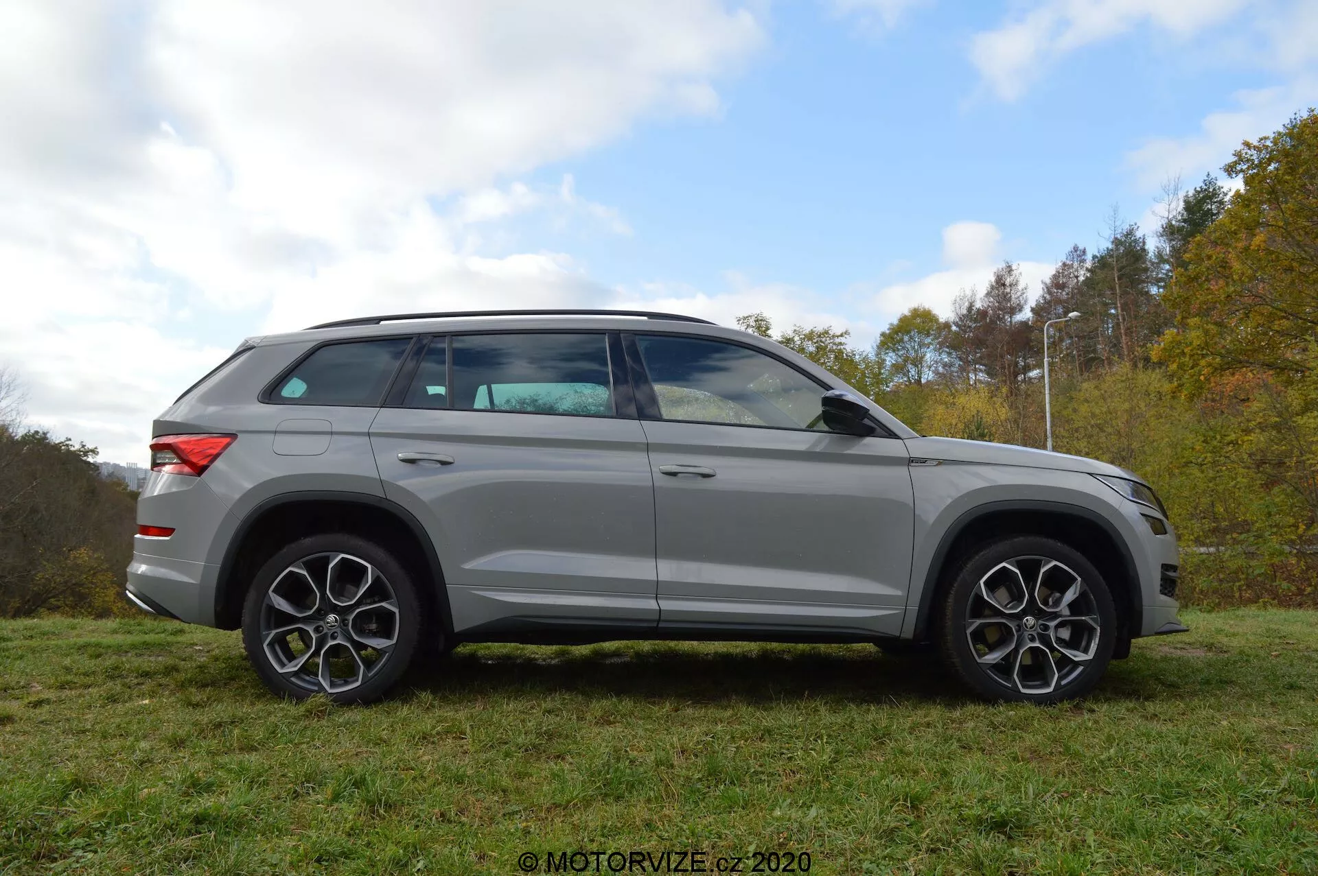 Vista de perfil completo de un SUV Skoda Kodiaq 2017 plateado estacionado en la hierba con un fondo de árboles y cielo nublado. El diseño del vehículo presenta líneas audaces, grandes ruedas de aleación y llantas distintivas de múltiples radios. Los espejos, que tienen señales de giro integradas, están montados justo debajo de la línea de la ventana. Las ventanas están ligeramente tintadas y la línea del techo se inclina suavemente hacia la parte trasera, lo que indica un perfil deportivo similar a un coupé. El SUV también está equipado con un sistema de rieles en el techo.