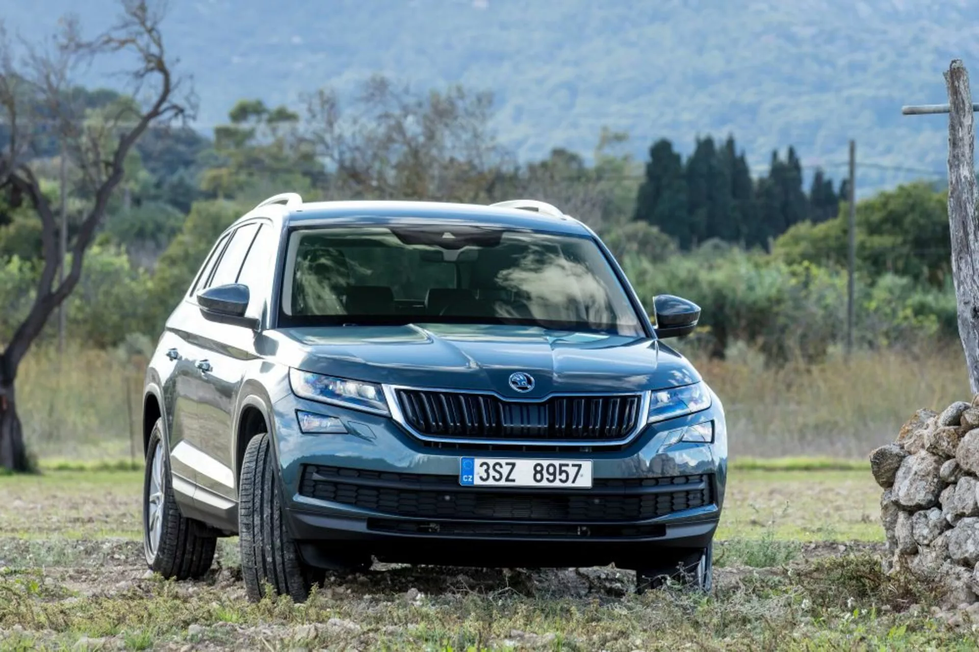 Skoda Kodiaq 2017 en vista frontal de tres cuartos dinámica mostrando faros LED, luces de circulación diurna, rejilla frontal con listones verticales, ruedas de aleación de múltiples radios, protección lateral y embellecedores, espejos laterales con intermitentes y ventanas tintadas, contra un entorno natural adecuado para todo terreno