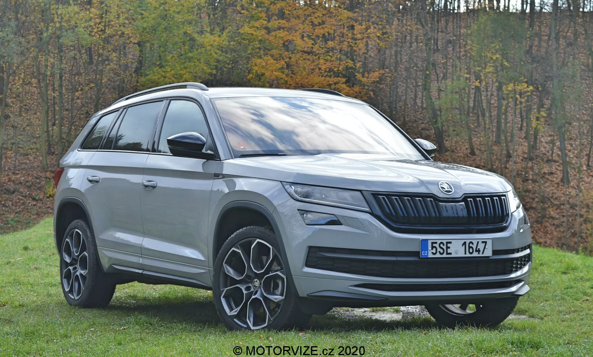 Esta imagen presenta un SUV Škoda Kodiaq 2017 capturado desde un ángulo frontal de tres cuartos, centrándose en el lado izquierdo del vehículo. La toma resalta la parrilla frontal con el diseño característico a rayas verticales de Škoda, la configuración de los faros probablemente con tecnología LED y el logotipo de la marca en el centro. El perfil lateral incluye la puerta delantera del conductor, la puerta trasera del pasajero, rieles de techo y partes del cuarto trasero. También son claramente visibles las llamativas llantas de aleación con diseño de radios. El entorno exterior con fondo de césped y follaje otoñal realza la estética del moderno SUV.