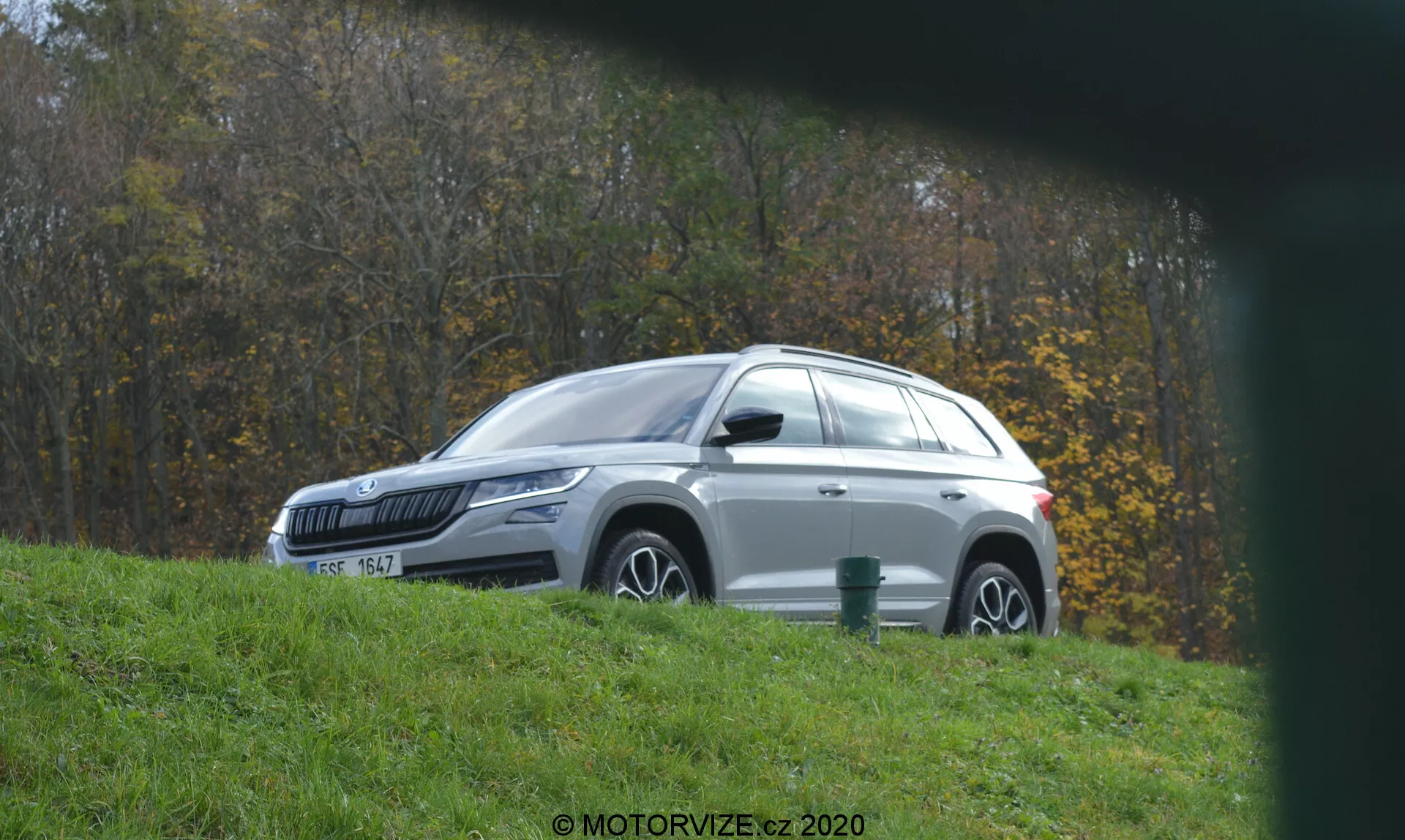 Vista de perfil lateral de un SUV Skoda Kodiaq 2017 blanco estacionado en una colina cubierta de hierba, mirando hacia la izquierda, con llantas de aleación y pintura metálica reflejando la luz del sol. El entorno incluye follaje y árboles, sugiriendo una ubicación rural o de parque. Visto desde un ángulo bajo a través de un primer plano borroso, el vehículo presenta elementos de diseño moderno como faros LED, espejos con señales de giro integradas, ventanas tintadas, rieles para el techo y una antena de aleta de tiburón.