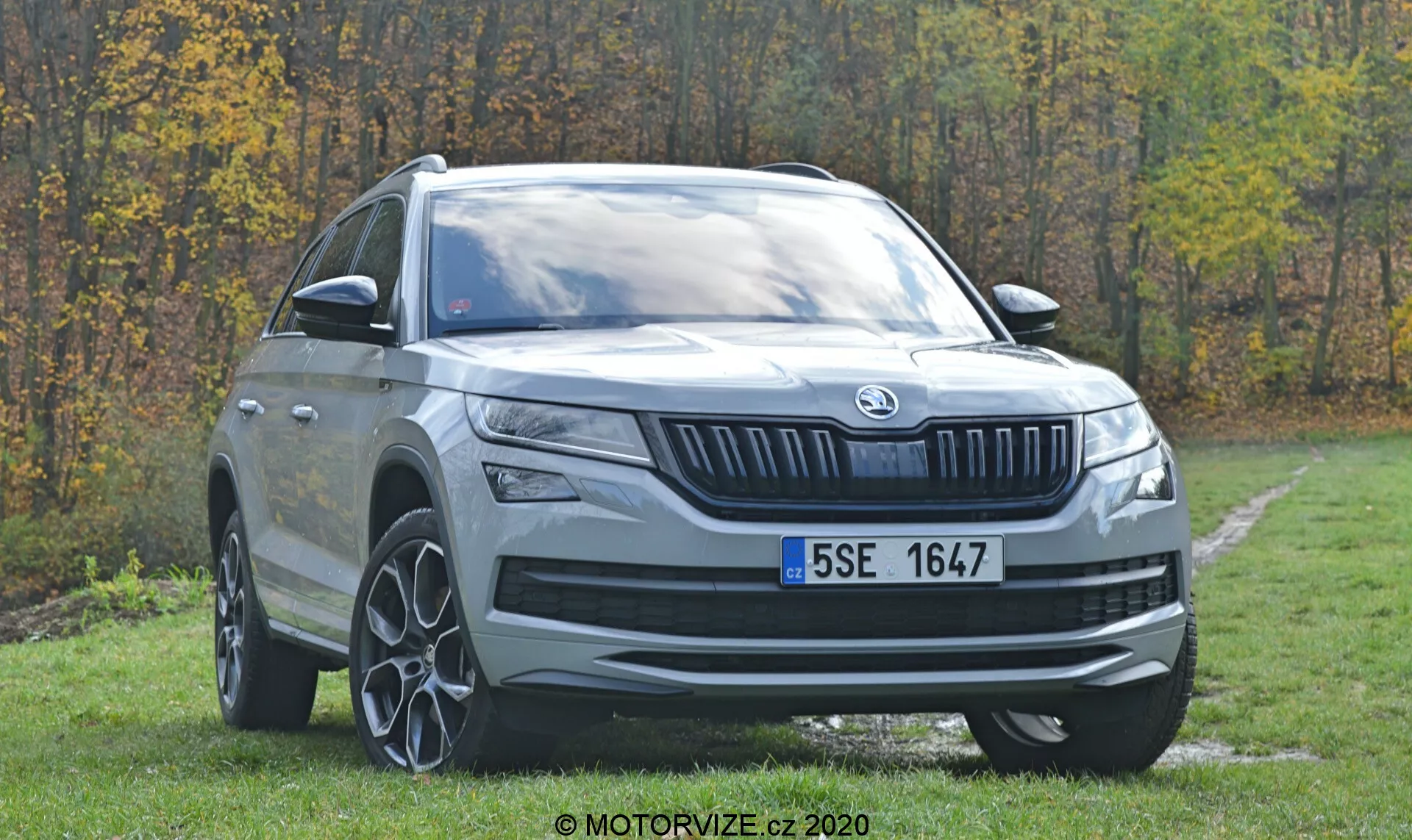 Vista de tres cuartos delantera de un SUV moderno Skoda Kodiaq 2017 estacionado sobre un área de césped con árboles en el fondo. Las características visibles incluyen una parrilla delantera prominente con láminas verticales y emblema de marca centrado, faros horizontales elegantes con luces diurnas LED, alta distancia al suelo, grandes ruedas de aleación de múltiples radios, arcos de rueda pronunciados, placa protectora plateada, líneas de contorno distintivas en el capó, espejos laterales del color de la carrocería con señales de giro integradas, ventanas laterales tintadas, línea de techo ligeramente inclinada hacia la parte trasera con rieles en el techo.
