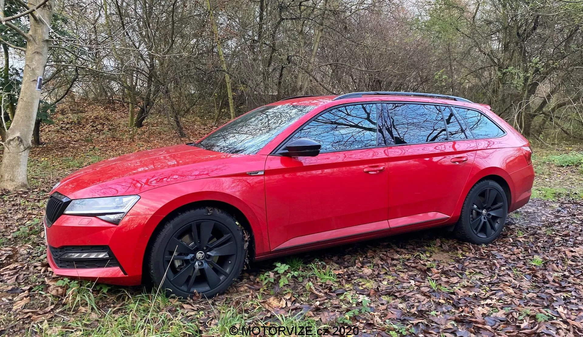 Perfil lateral de un Skoda Superb Limousine 2019 rojo estacionado en un área de césped con hojas en el suelo. Los elementos de diseño del coche incluyen llantas de aleación negras, ventanas enmarcadas en cromo, espejos laterales del color de la carrocería y rieles en el techo. La imagen captura la longitud del vehículo, mostrando su forma de vagoneta, diseño moderno y el contraste entre la carrocería roja y las ruedas negras.