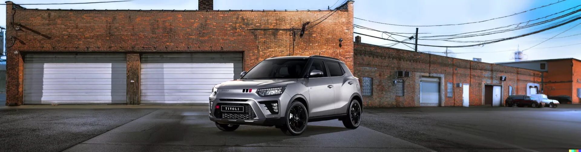 Imagen del SUV compacto Ssangyong Tivoli 2024 (primera generación facelift-2) estacionado en una calle urbana frente a edificios de estilo industrial con puertas de garaje. La imagen muestra el automóvil en un perfil lateral completo desde un ángulo ligeramente más bajo, destacando su diseño y proporciones. El vehículo tiene un esquema de color de dos tonos con una carrocería de color claro y techo y espejos laterales de color oscuro contrastante. Los elementos de diseño moderno incluyen llantas de aleación, espejos exteriores elegantes y lo que podrían ser faros y luces traseras LED. Las barras en el techo sugieren utilidad para carga o equipamiento al aire libre. La foto tiene como objetivo mostrar el diseño y la funcionalidad urbana del SUV.