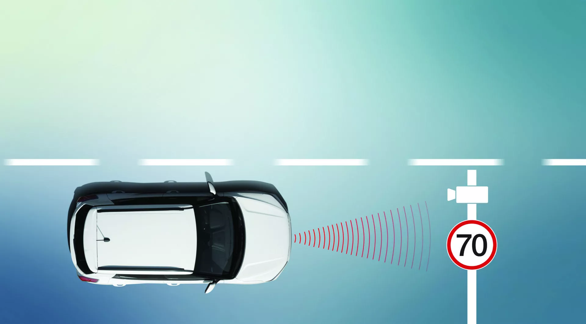 Vista desde arriba de un moderno SsangYong Tivoli 2024 blanco (1ra generación, facelift 2) posicionado entre dos carriles en una carretera de tres carriles, interactuando con una señal de límite de velocidad que muestra '70' a través de un arco rojo punteado que indica tecnología avanzada de asistencia al conductor, como el reconocimiento de señales de tráfico o asistencia activa de límite de velocidad. El vehículo cuenta con un techo solar, manijas de puerta, espejos laterales y una antena de aleta de tiburón, proyectando una sombra ligera a su derecha.