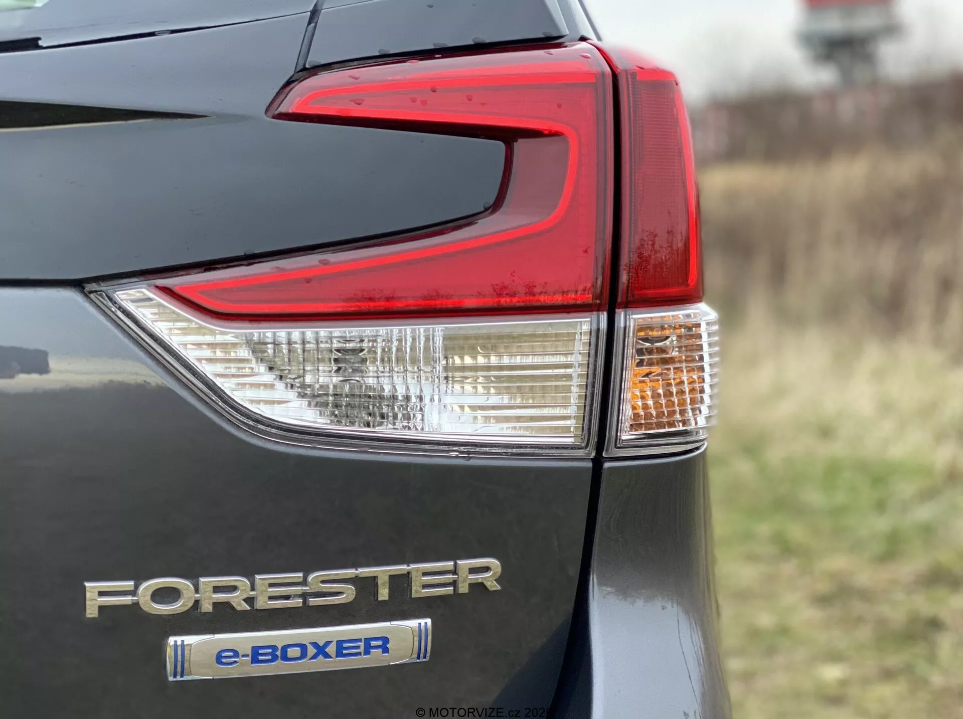 Vista detallada y en primer plano de la sección de la luz trasera de un Subaru Forester 2020 con tecnología híbrida e-Boxer. La fotografía muestra la esquina trasera izquierda desde la vista del conductor, destacando el diseño intrincado del grupo de luces traseras con elementos de lentes claros y rojos, las insignias Forester y e-Boxer, y la carrocería metálica. El enfoque es nítido en las insignias y la luz trasera, con un fondo desenfocado por la poca profundidad de campo, tomada desde un ángulo oblicuo.