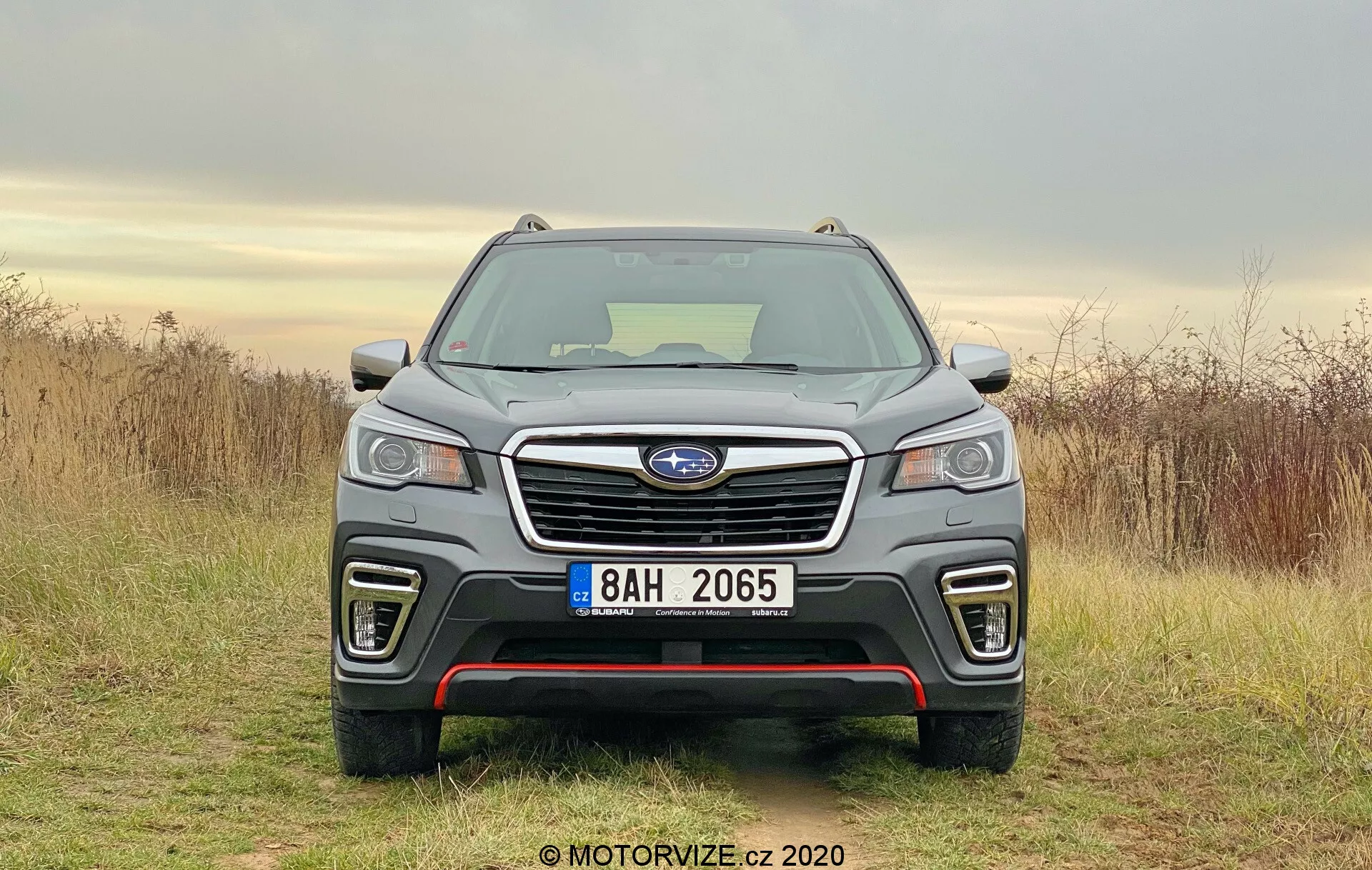 Vista frontal del SUV Subaru Forester 2020 que muestra su parrilla prominente con emblema central, faros LED, luces antiniebla en el parachoques inferior y acabado gris oscuro brillante o metálico. La composición simétrica resalta los elementos de diseño elegantes del coche, incluidos los posibles sensores de estacionamiento, tomas de aire e indicadores de nivel de acabado. El vehículo está estacionado sobre una superficie de tierra contra un fondo natural con cielo nublado y hierba seca.
