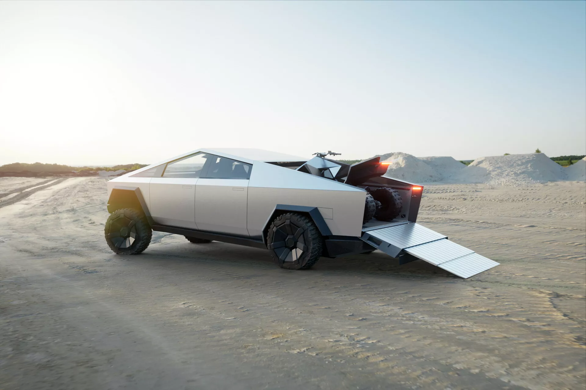 Vista de perfil lateral de una futurista Tesla Cybertruck 2021, mostrando sus distintivas líneas geométricas y ángulos agudos. El vehículo está en un entorno arenoso similar a un desierto con la puerta trasera abierta y la rampa extendida. El acabado mate, de color gris claro o plateado, las grandes ruedas robustas y la ausencia de curvas subrayan su diseño vanguardista. La luz natural del final de la tarde proyecta largas sombras alrededor del camión. La ausencia de tubos de escape visibles sugiere que es un vehículo eléctrico. El entorno resalta su capacidad todoterreno y utilitaria.