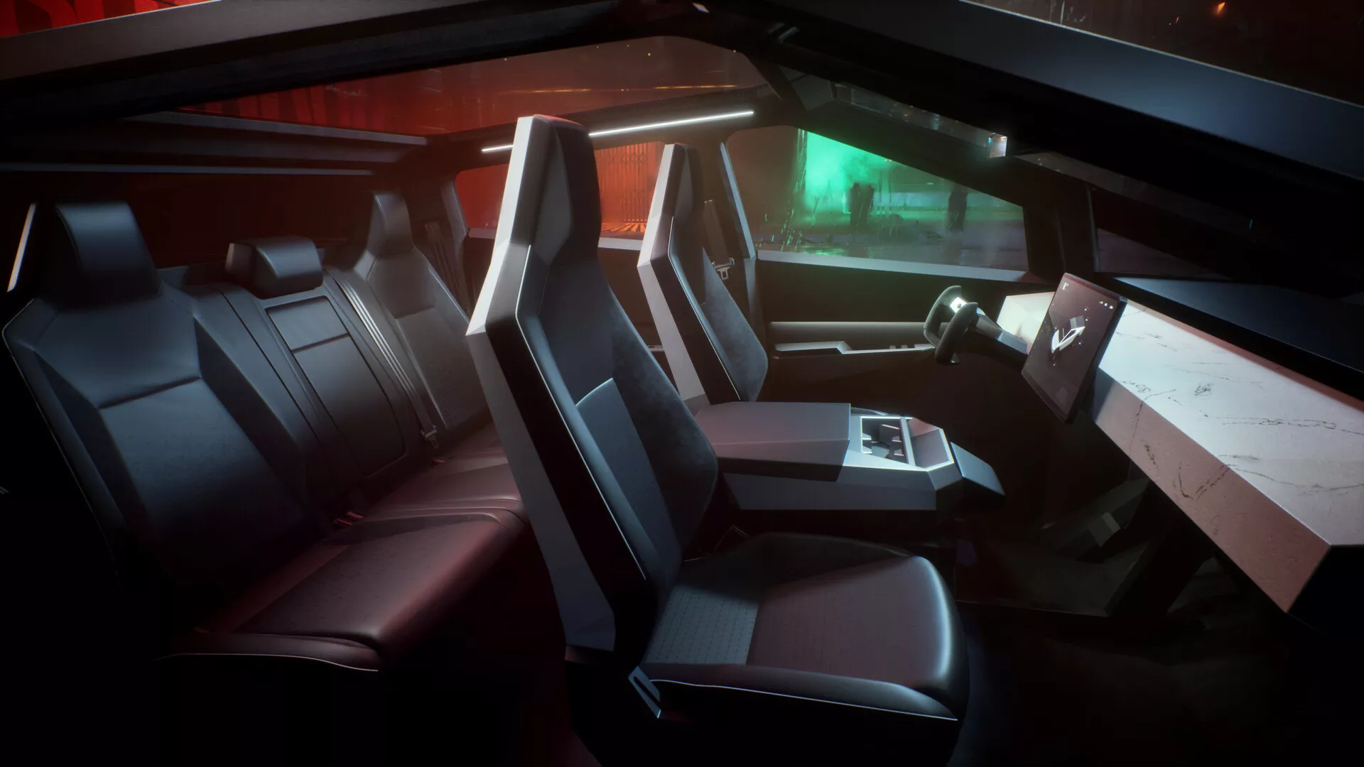 Vista interior del Tesla Cybertruck 2021 (1ª generación) que muestra asientos lujosos con diseño deportivo, un tablero panorámico con una amplia pantalla digital, un diseño de control minimalista con interfaz táctil y una sutil iluminación LED que captura la atmósfera futurista y tecnológica del vehículo.