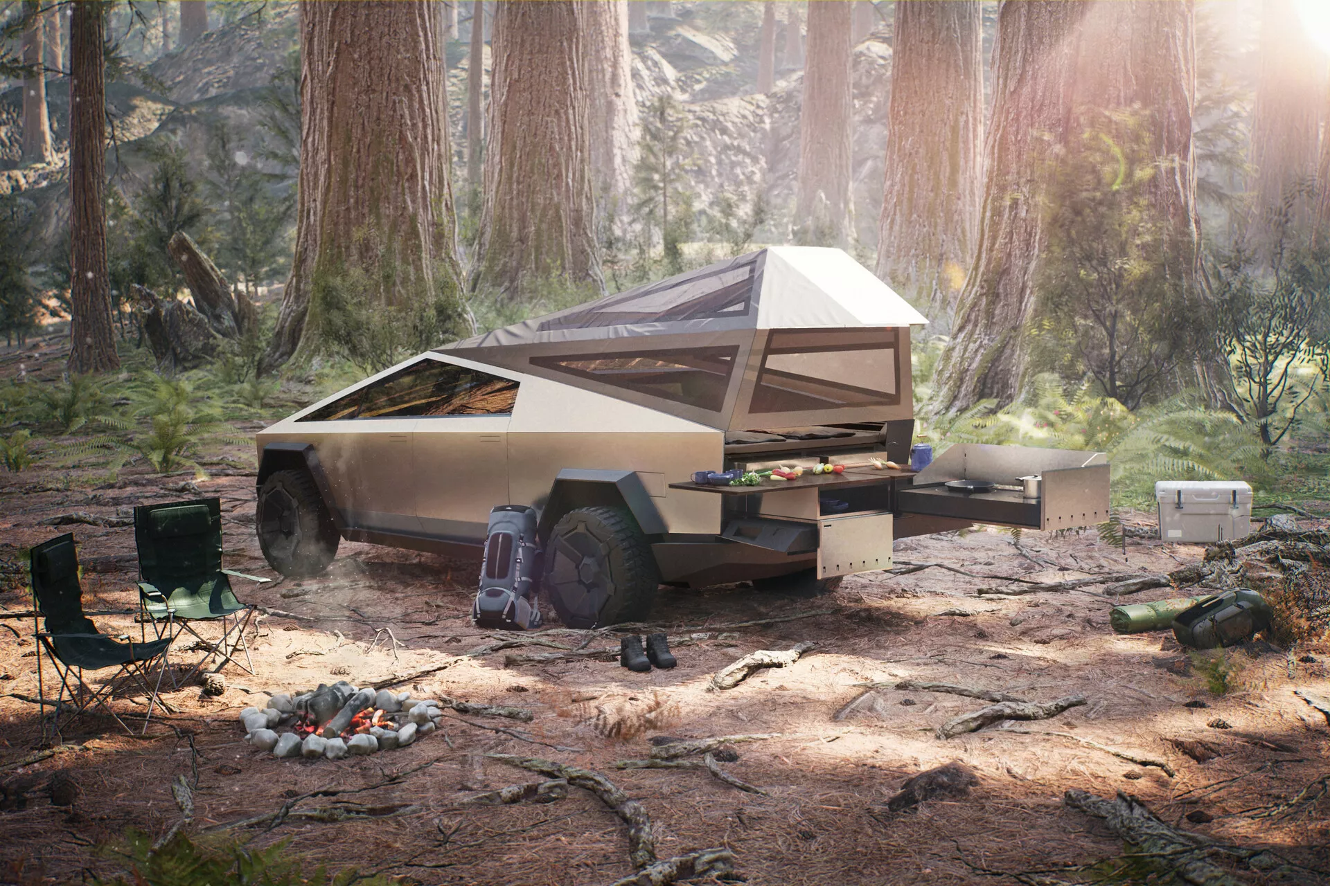 Se muestra un vehículo eléctrico futurista, el Tesla Cybertruck 2021 de primera generación, en un escenario de bosque. Destaca su diseño angular distintivo y la cama multifuncional equipada con una cocina móvil. La vista en tres cuartos desde un ángulo bajo resalta las ruedas robustas y las características tecnológicas avanzadas del vehículo, haciéndolo ideal para aventuras al aire libre o trabajos utilitarios.