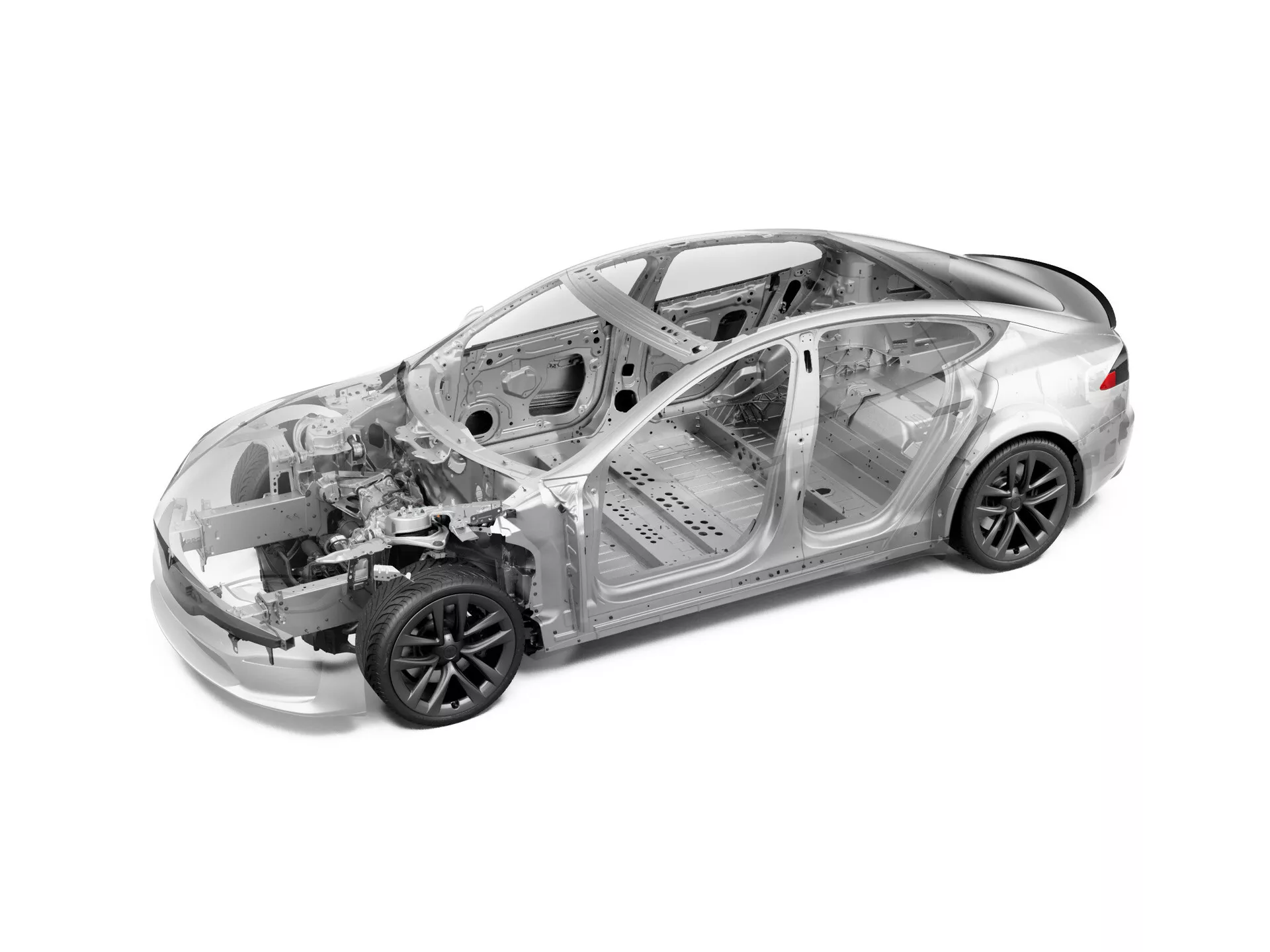 Vista frontal de tres cuartos elevada de un Tesla Model S 2016 (primera generación, facelift), que muestra su parte delantera, capó, techo y perfil lateral. Parcialmente transparente, la imagen resalta las estructuras internas, incluyendo el marco esquelético, parachoques delantero, compartimento del motor, jaula de seguridad, disposición de los asientos, área del maletero y neumáticos de perfil bajo con llantas negras. Ilustración educativa o promocional que muestra la ingeniería y construcción del vehículo.
