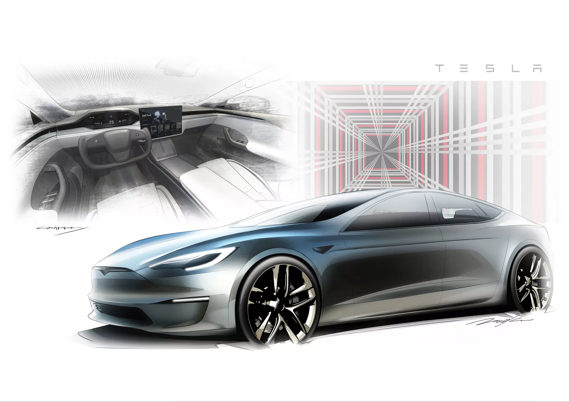 Renderización estilizada del Tesla Model S 2016 (1ª generación, facelift) vista desde una perspectiva lateral de ángulo bajo. Se destaca el perfil aerodinámico y la silueta elegante y aerodinámica con una línea de techo baja, caracterizada por una parrilla cerrada y lisa, faros estrechos y llantas de aleación multirradio con aros negros y detalles plateados. Un recuadro en la esquina superior izquierda muestra un tablero minimalista con una gran pantalla táctil, enfatizando un interior moderno y orientado a la tecnología. El fondo incluye un patrón gráfico indicativo de conectividad digital, mientras que el logotipo TESLA se muestra de manera prominente en la esquina superior derecha, resaltando el diseño innovador y futurista de la marca.