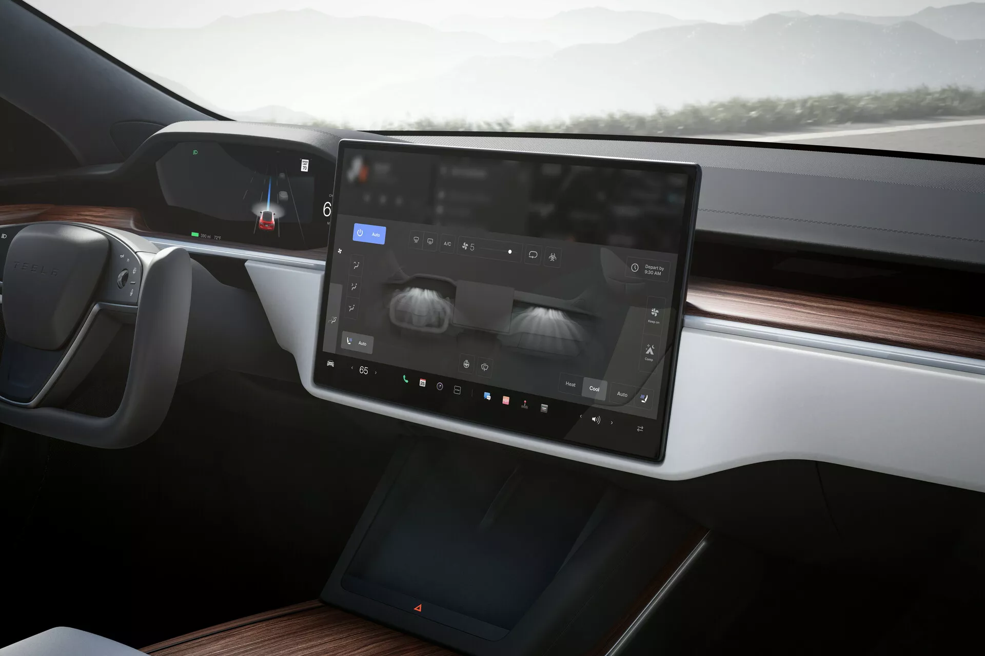 Vista interior de un Tesla Model S 2016 (1ª generación facelift) enfocada en la consola central y el salpicadero del conductor. Las características destacadas incluyen una gran pantalla táctil de infoentretenimiento, un cuadro de instrumentos digital, diseño moderno del volante, paneles de madera, iluminación ambiental y un diseño minimalista y elegante sin ventilaciones tradicionales.