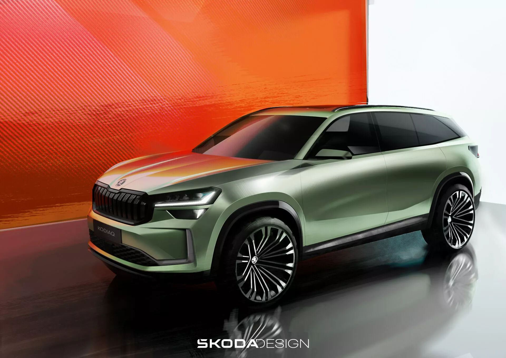 Vista frontal lateral a baja altura de un concepto de vehículo Škoda, mostrando la parrilla delantera dinámica, faros elegantes y perfil lateral deportivo contra un fondo abstracto de gradiente cálido