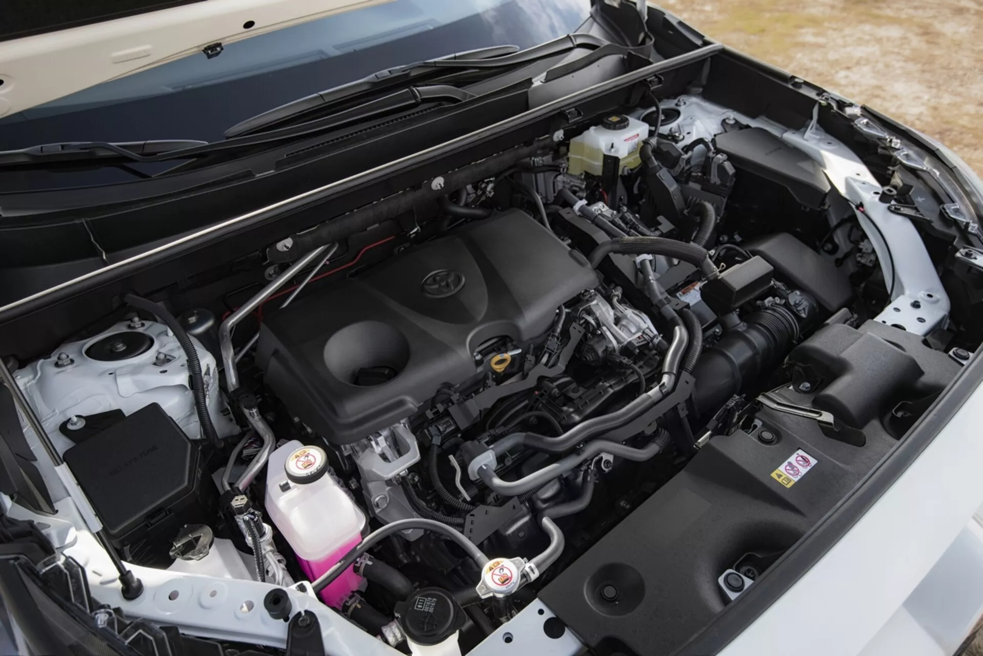 Vista de cerca del compartimento del motor de un Toyota RAV4 2019, destacando el diseño limpio y moderno y componentes como la cubierta del motor con el emblema de la marca, sistema de admisión de aire, batería, depósito de líquido de frenos y depósito de refrigerante, junto con varios tubos y arneses de cableado, bajo el capó abierto desde un ángulo oblicuo.