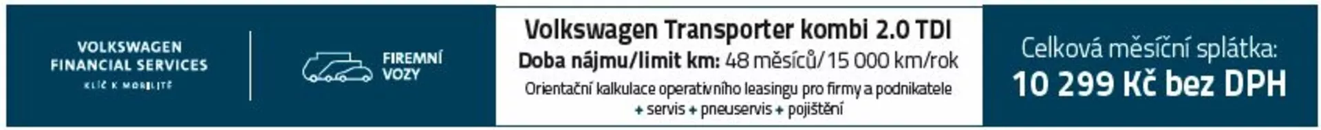 Banner de publicidad de leasing para Volkswagen Transporter Kombi 2.0 TDI mostrando precio de 10.299 Kč sin IVA y términos de kilometraje de 48 km/mes | 15.000 km/año