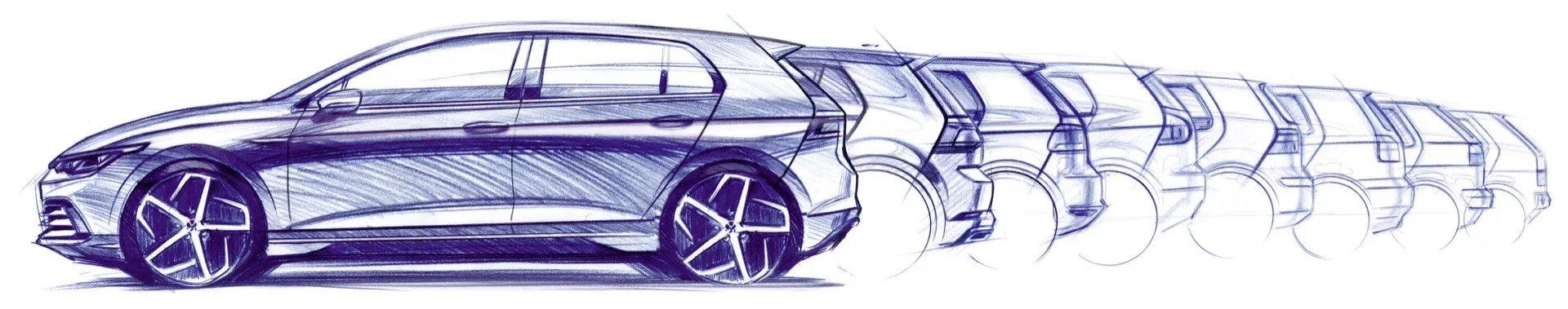 Representación artística del VW Golf VIII con facelift del 2024 en efecto de desenfoque de movimiento para transmitir movimiento de alta velocidad